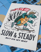 Mini Art Print – Slow and Steady But On My Way Turtle – White, 5x7 in, 18pt Card Stock