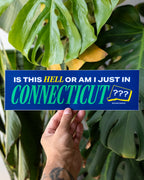 A hand holds a rectangular blue bumper sticker with the text 'IS THIS HELL OR AM I JUST IN CONNECTICUT' in white and teal, with 3 small white question mark icons in a silhouette of the state of CT, against a background of large green monstera leaves.