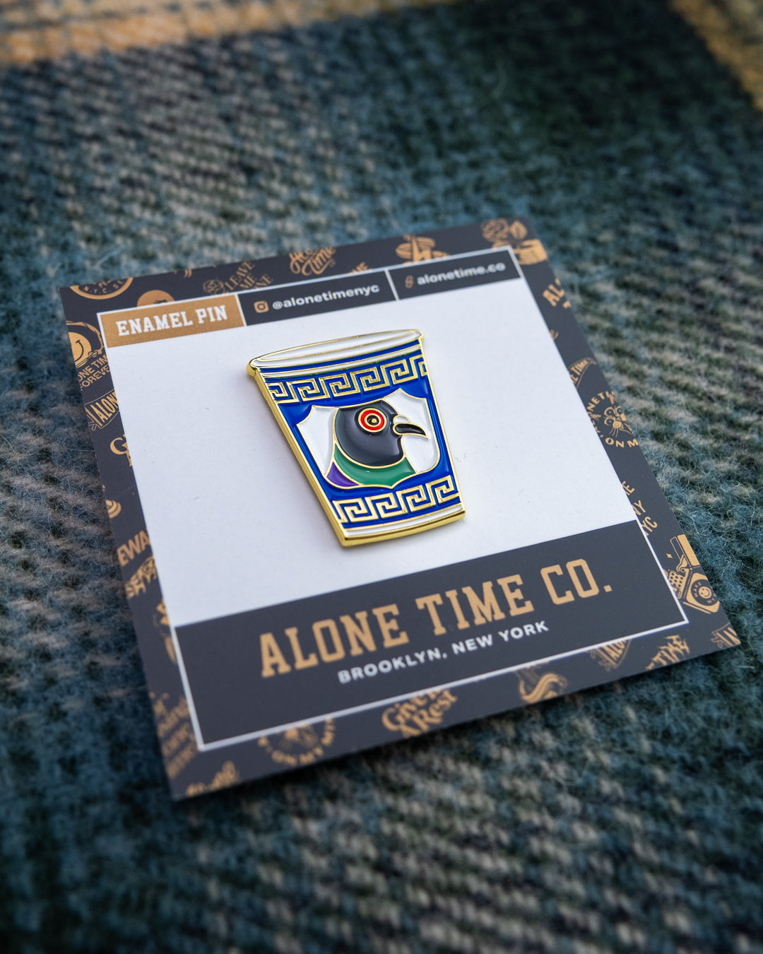 Soft Gold Enamel Pin – Anthora Cup Pigeon – 1x1.25 in, Custom Backing Card