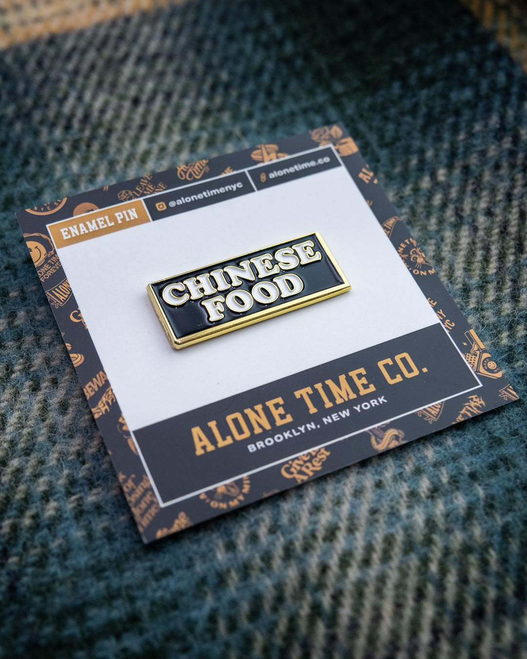 Soft Gold Enamel Pin – Chinese Food Sign – 1.5x0.6 in, Custom Backing Card