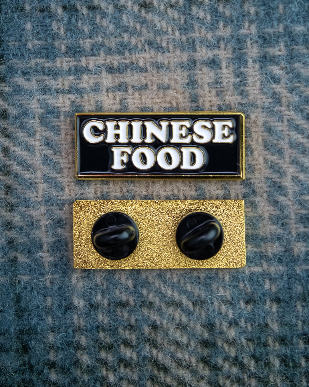 Soft Gold Enamel Pin – Chinese Food Sign – 1.5x0.6 in, Custom Backing Card