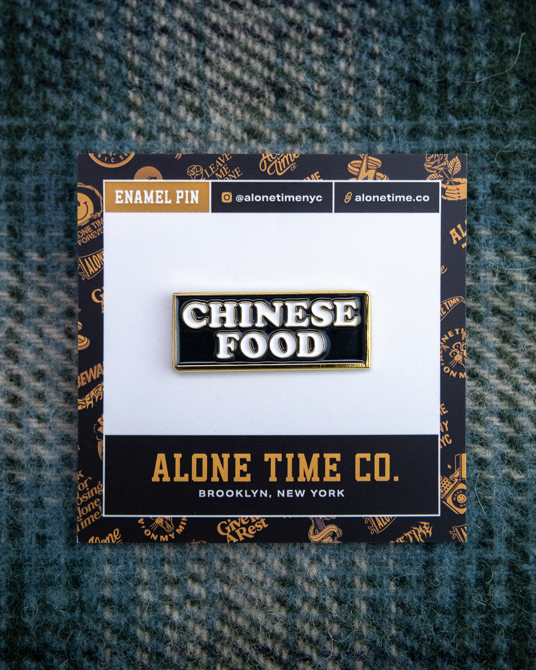 Soft Gold Enamel Pin – Chinese Food Sign – 1.5x0.6 in, Custom Backing Card