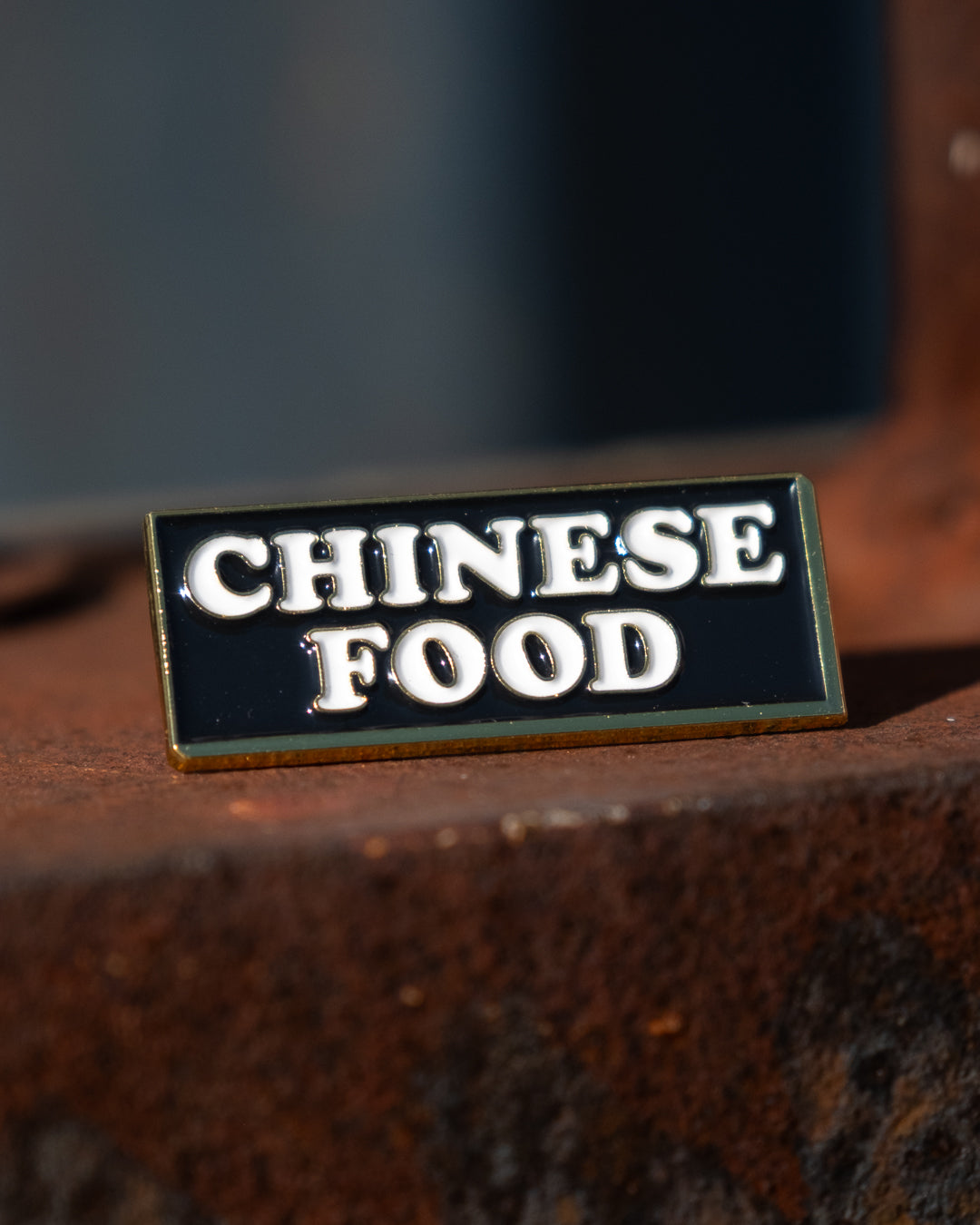 Soft Gold Enamel Pin – Chinese Food Sign – 1.5x0.6 in, Custom Backing Card