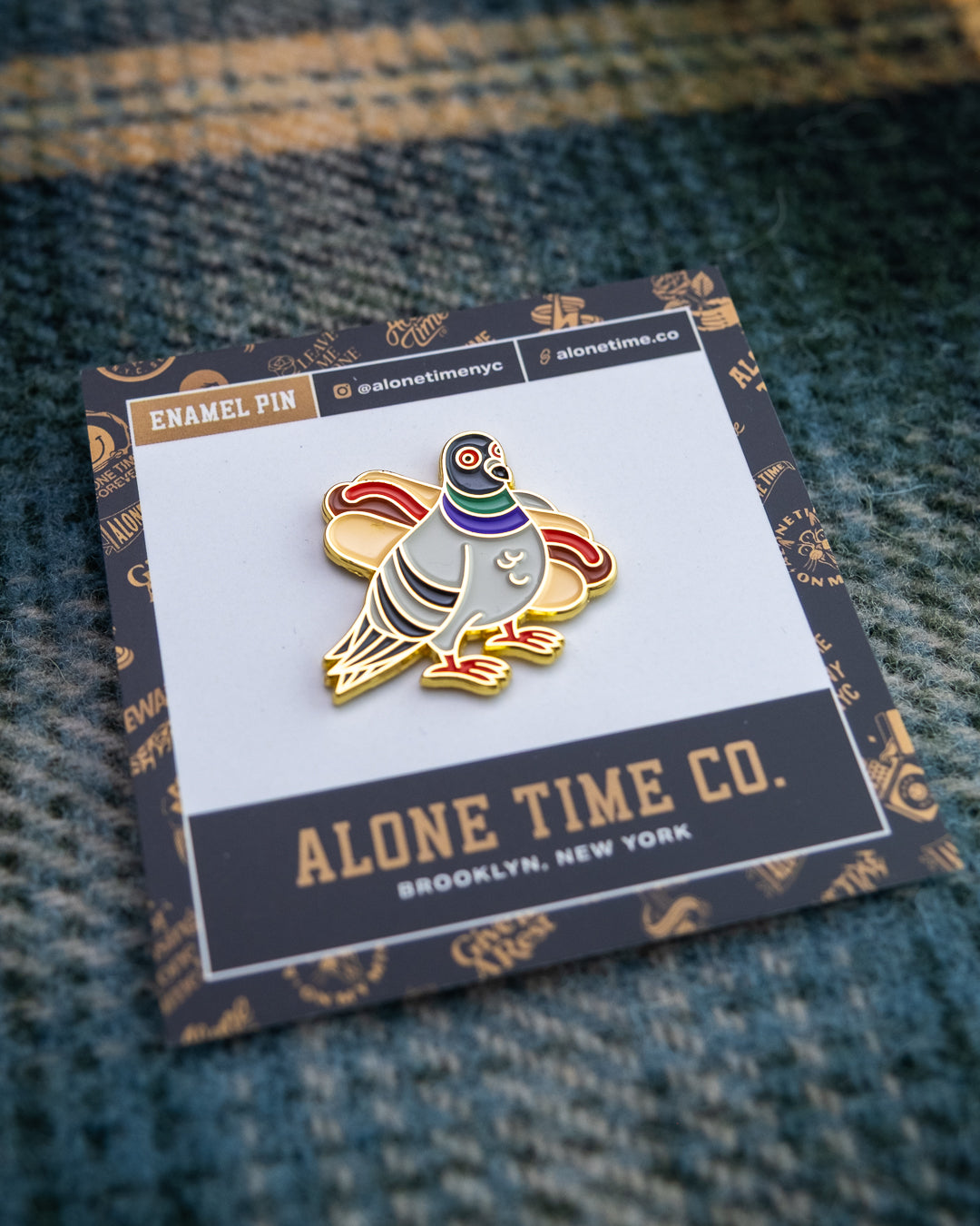 Soft Gold Enamel Pin – Franklin The Pigeon – 1.3x1.25 in, Custom Backing Card