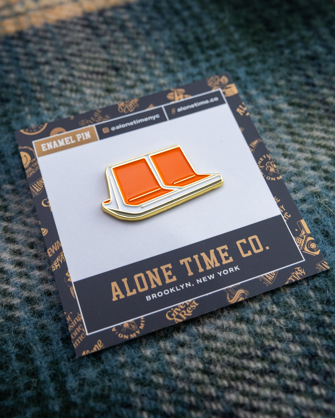 Soft Gold Enamel Pin – MTA Orange Subway Seats – 1.5x0.81 in, Custom Backing Card