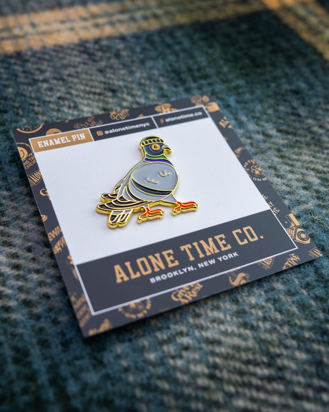 Soft Gold Enamel Pin – Pigeon With Beanie – 1.23x1.25 in, Custom Backing Card