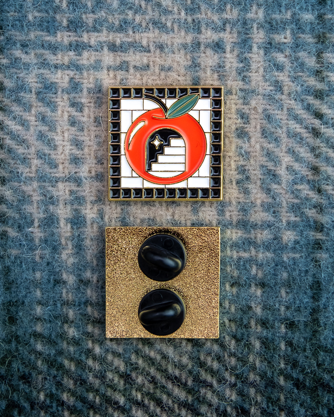 Soft Gold Enamel Pin – Subway Tile Apple – 1x1 in, Custom Backing Card