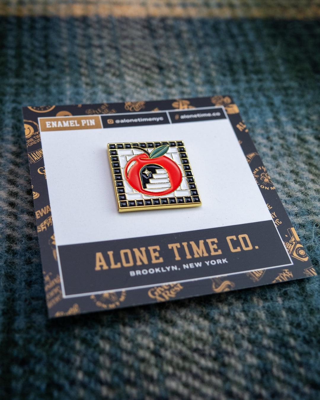 Soft Gold Enamel Pin – Subway Tile Apple – 1x1 in, Custom Backing Card