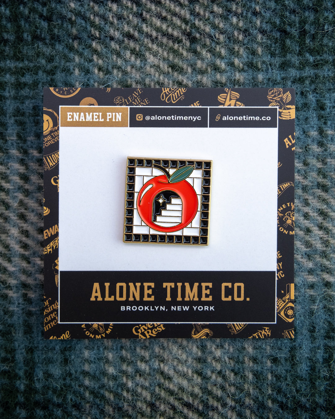 Soft Gold Enamel Pin – Subway Tile Apple – 1x1 in, Custom Backing Card