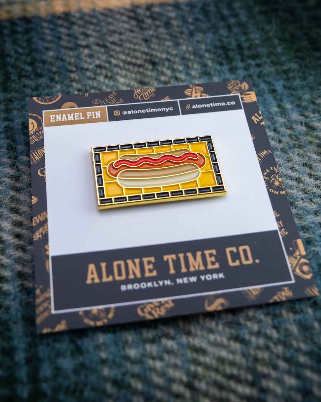 Soft Gold Enamel Pin – Subway Tile Hot Dog – 1.5x.81 in, Custom Backing Card