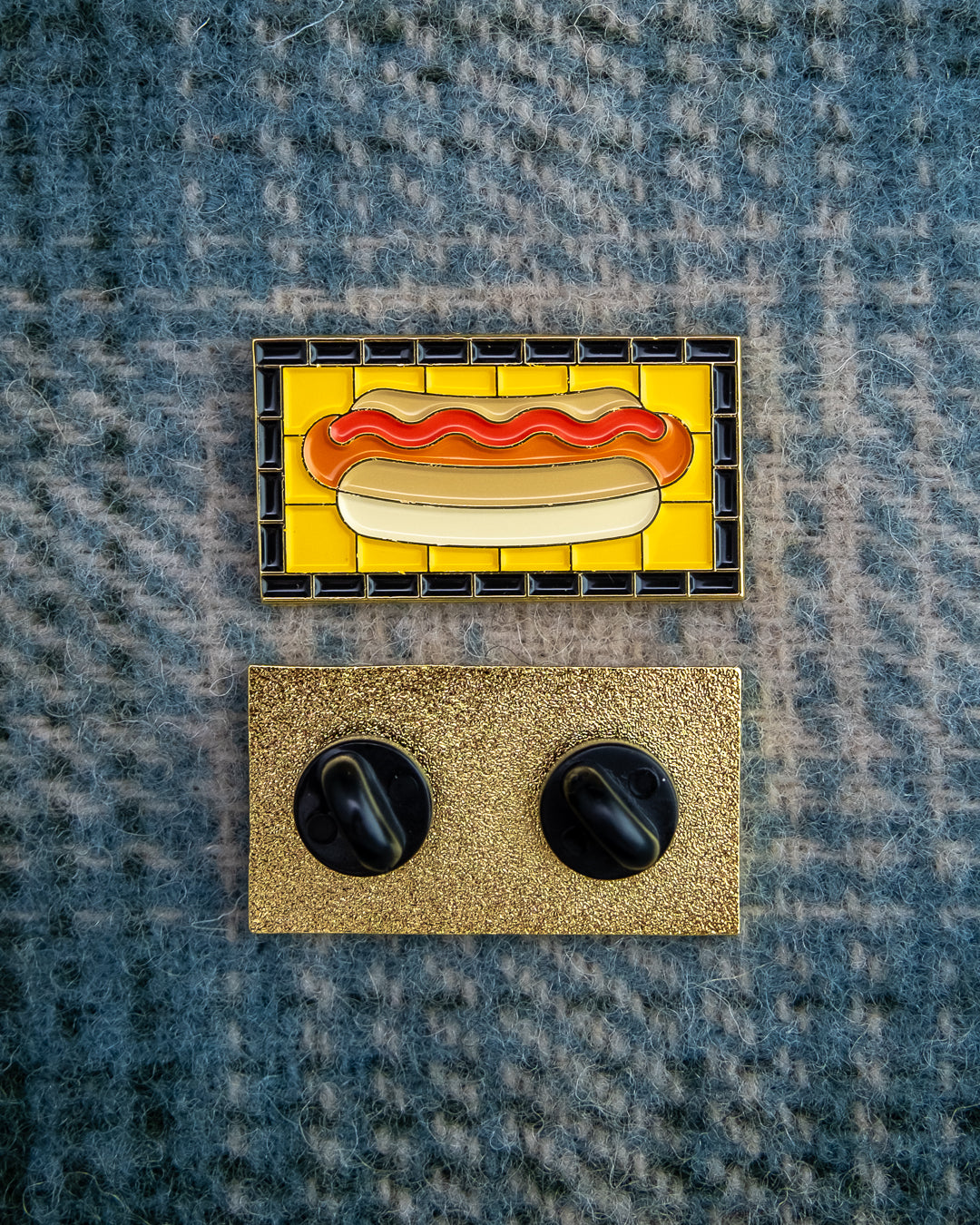 Soft Gold Enamel Pin – Subway Tile Hot Dog – 1.5x.81 in, Custom Backing Card