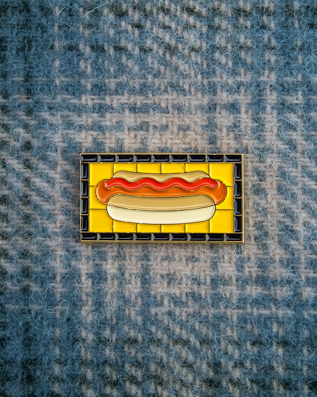 Soft Gold Enamel Pin – Subway Tile Hot Dog – 1.5x.81 in, Custom Backing Card