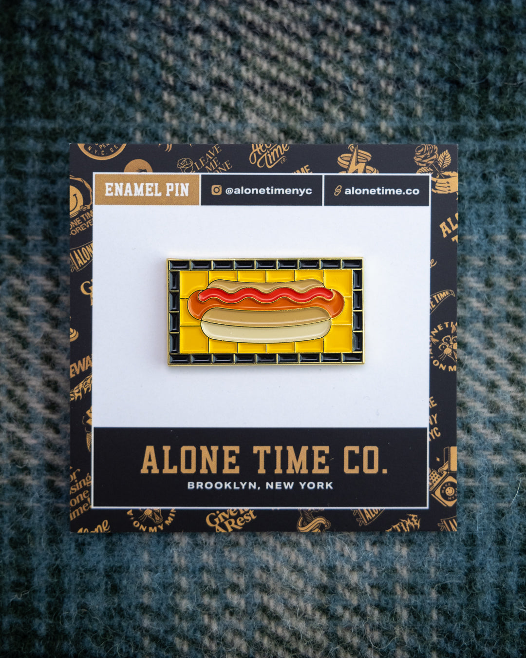 Soft Gold Enamel Pin – Subway Tile Hot Dog – 1.5x.81 in, Custom Backing Card