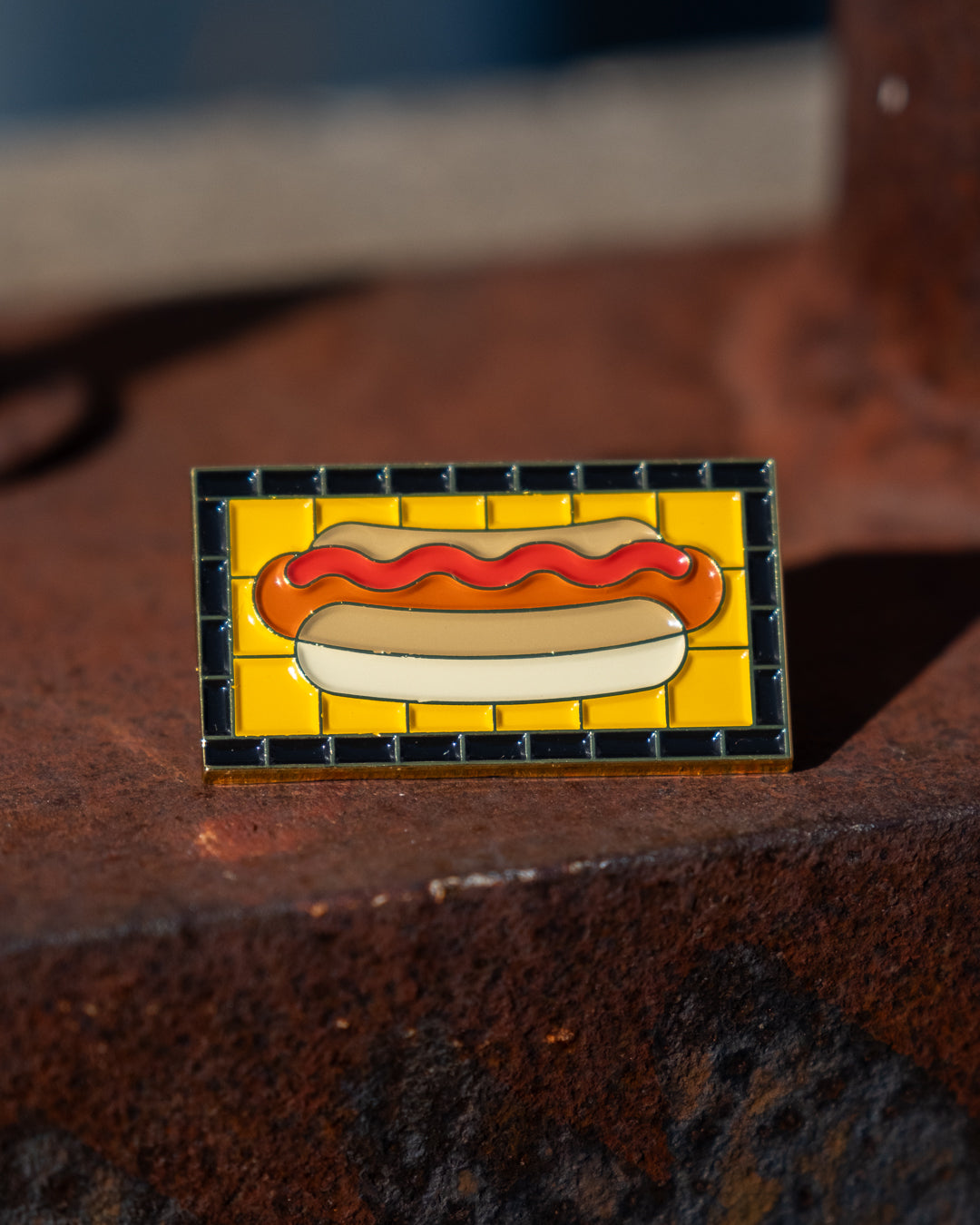 Soft Gold Enamel Pin – Subway Tile Hot Dog – 1.5x.81 in, Custom Backing Card