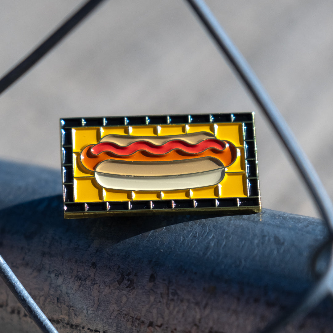 Soft Gold Enamel Pin – Subway Tile Hot Dog – 1.5x.81 in, Custom Backing Card