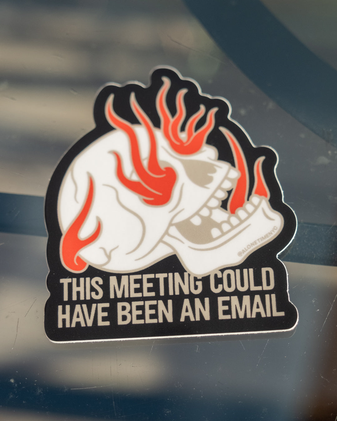 Skull on Fire 'This meeting could have been an email' - Die-Cut Vinyl Sticker - Black