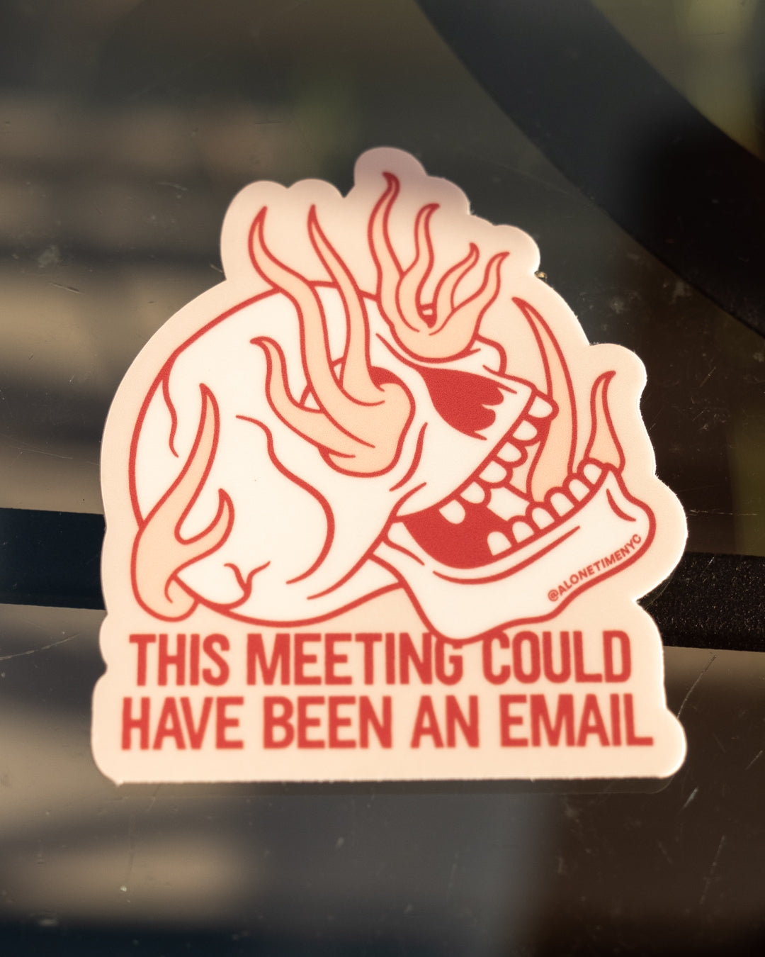 Skull on Fire 'This meeting could have been an email' - Die-Cut Vinyl Sticker - Rose