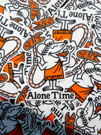 A pile of die-cut vinyl stickers featuring an illustrated pizza rat character, reminiscent of the Little Caesar's mascot, holding a pizza on his tail while biting a slice, with 'Alone Time' text underneath.