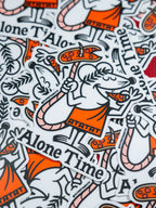 A pile of die-cut vinyl stickers featuring an illustrated pizza rat character, reminiscent of the Little Caesar's mascot, holding a pizza on his tail while biting a slice, with 'Alone Time' text underneath.